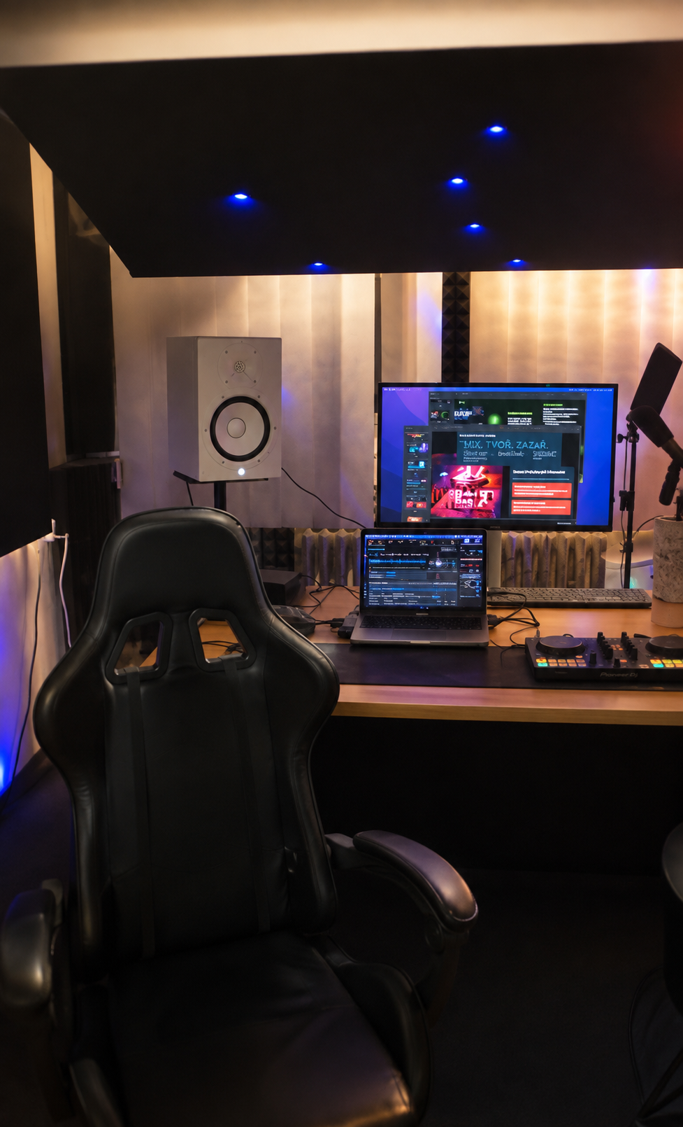 DJ a hudební produkční studio s počítačem a DJ kontrolerem