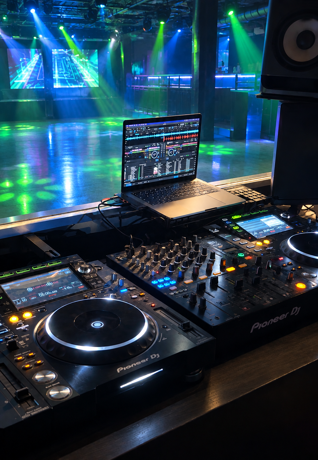 Profesionální DJ technika v barevně nasvíceném klubu